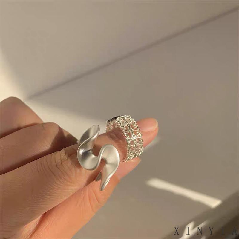 Xia.id Cincin Model Terbuka Adjustable Desain Ombak Hias Zircon Matte Untuk Wanita