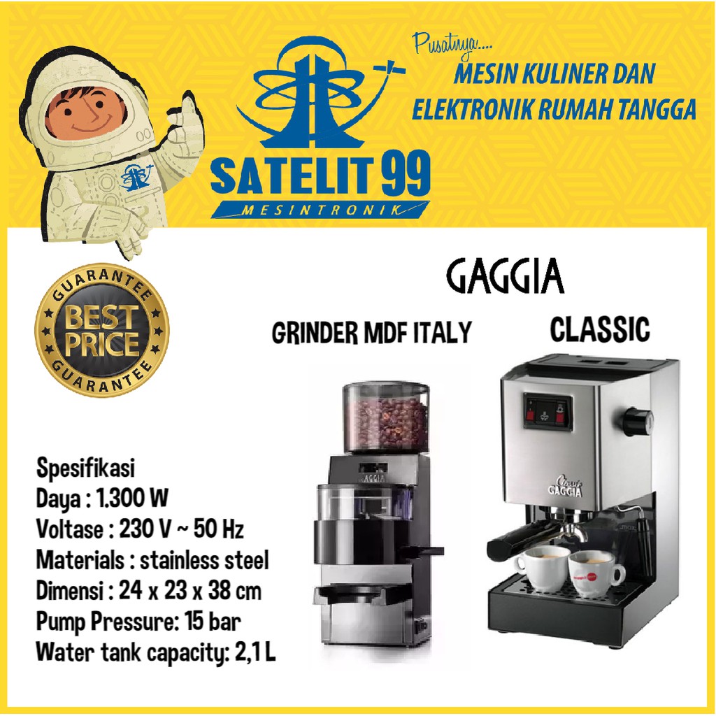 Bundling Espresso Coffee Machine Gaggia Classic dan Grinder MDF Italy