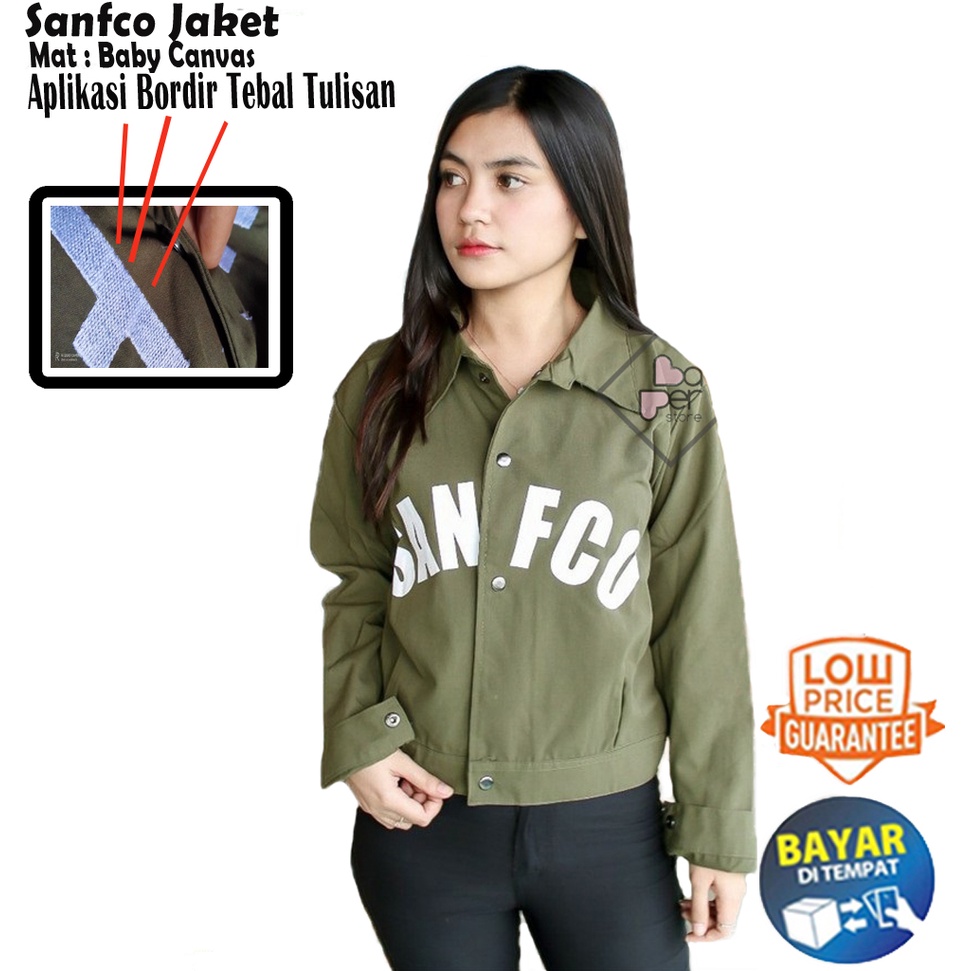 Sanfco Jaket Modis Kancing Depan Berkerah Aplikasi Bordir (Ukuran L) - Jaket Terbaru - Jaket Bomber - Jaket Wanita (COD)-Army