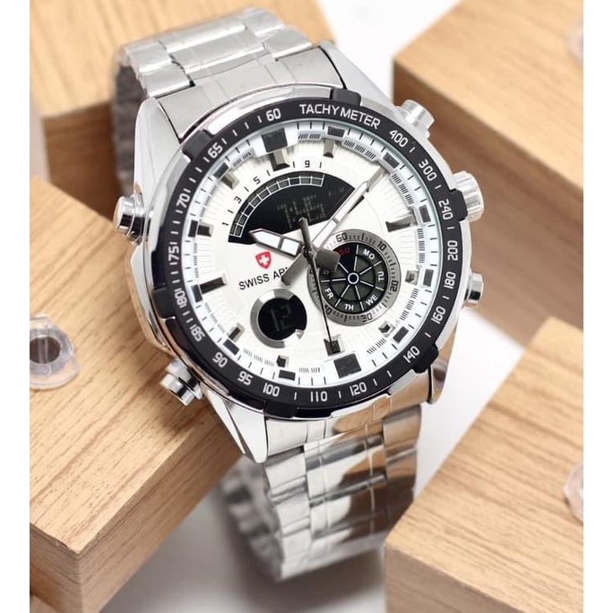 Jam Tangan Swiss Army Pria Dualtime Tachymeter Rantai Stainles .