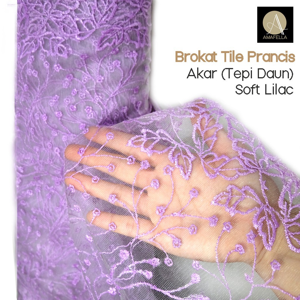 1/2 meter Kain Brokat Tile Prancis Bahan Kebaya Motif Akar Soft Lilac