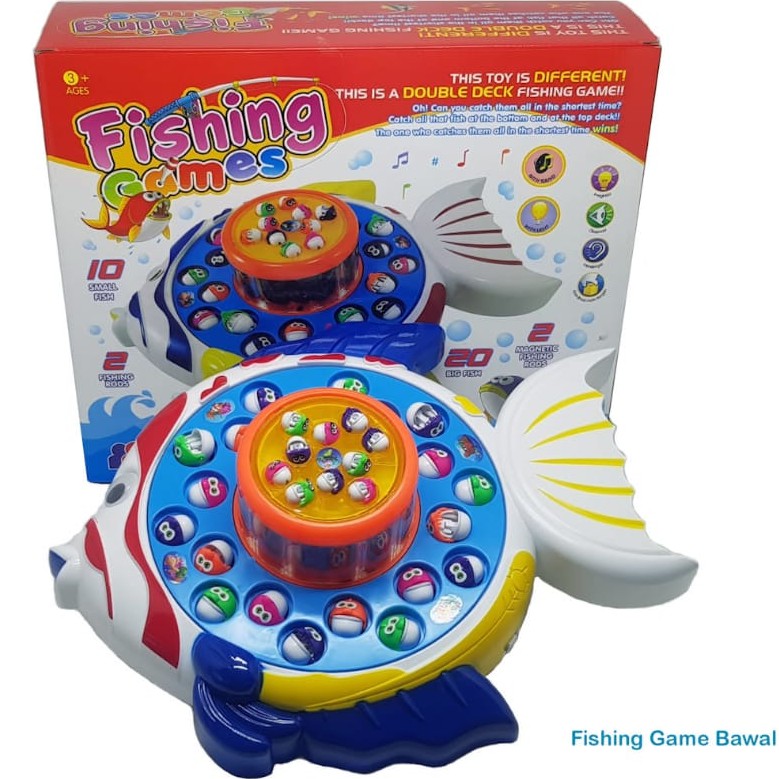 Mainan Pancing Ikan Putar 2 Kolam Pancingan Ikan Mainan Double Deck Fishing Game 30 Pcs Ikan