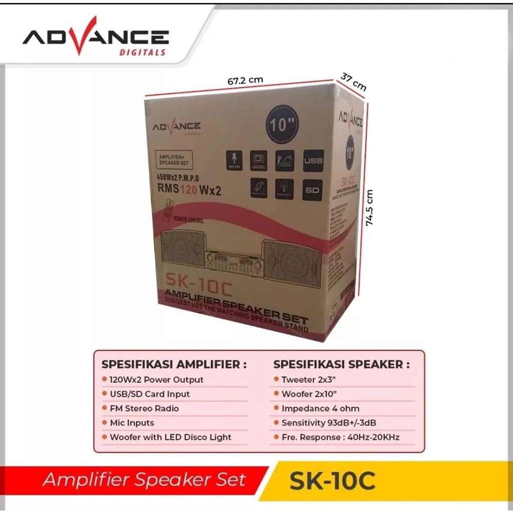 Amplifer + Speaker Advance SK-10C Dual Woofer 10 Inch + Tweeter 3 Inch Sound System Ampli Mixer Bluetooth Karaoke Speaker