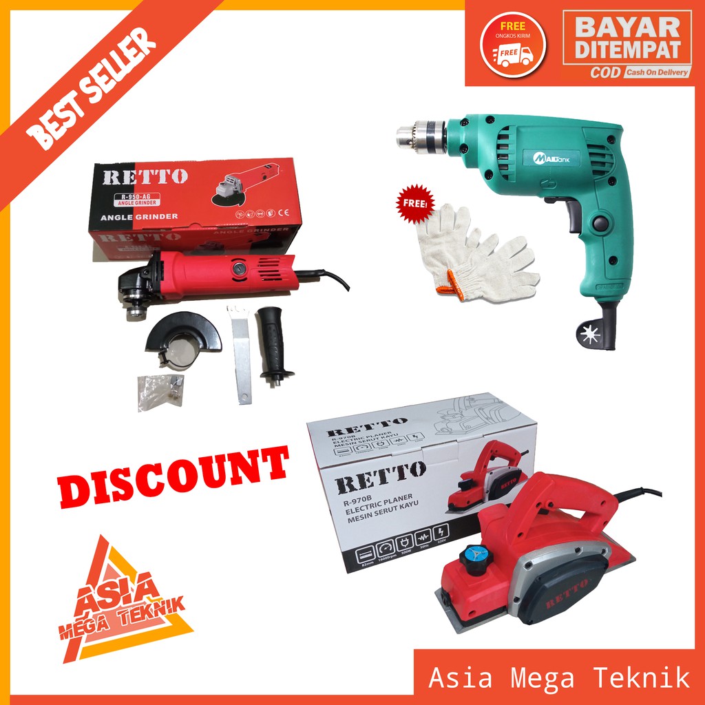 PROMO PAKET LENGKAP TUKANG KAYU PLANER + GERINDA GRENDA RETTO +BOR 10MM+AKSESSORIS LENGKAP MAILTANK