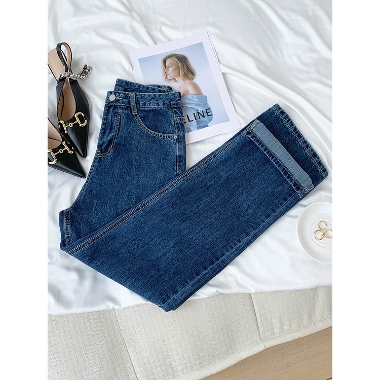 Denim Celana / High Waist Straight Celana Jeans Panjang Wanita Import（realpict）