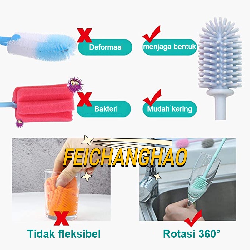 Sikat Botol Silikon Set 3in1 / Dot Susu Bayi Premium Bottle Brush Food Grade Silicone  / sikat dot / sikat empeng / sikat sedotan / sikat botol susu anak