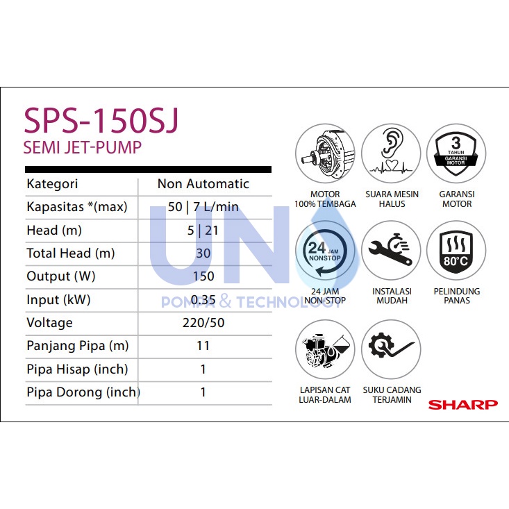 Pompa air semi jet non otomatis SHARP SPS 150 SJ