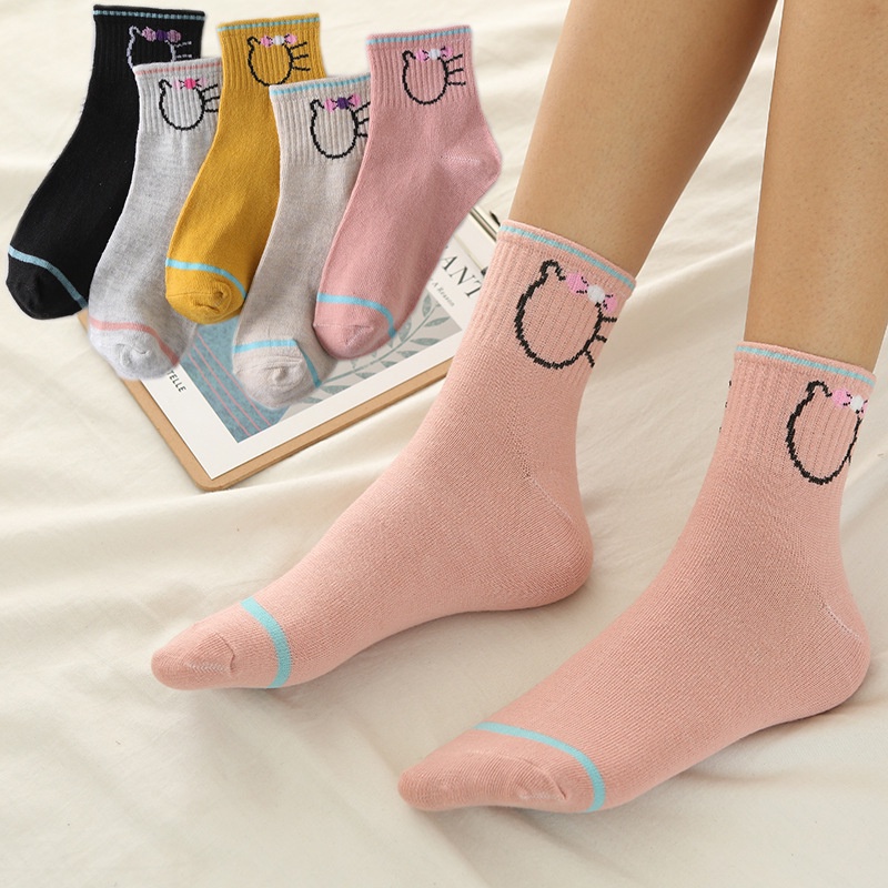 ❀ Chingu ❀ KK001 Kaos Kaki (Tanpa Kemasan) Wanita Panjang Diatas Mata Kaki Motif Kittie Fashion Korea Women Sock Import Murah