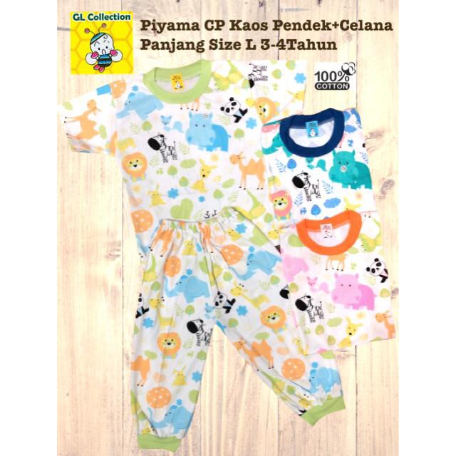 OBRAL!PIYAMA ANAK CP KAOS PENDEK CELANA PANJANG SIZE L 3-4 TAHUN PRINT ANIMAL 100%KATUN HALUS