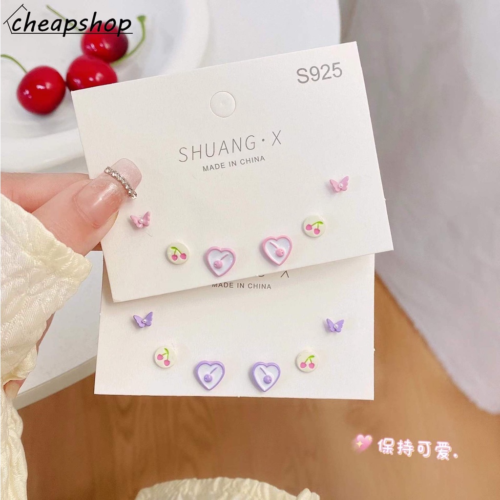 IFYOU 3pcs / set Anting Stud Desain Cherry Butterfly Gaya Vintage Untuk Wanita