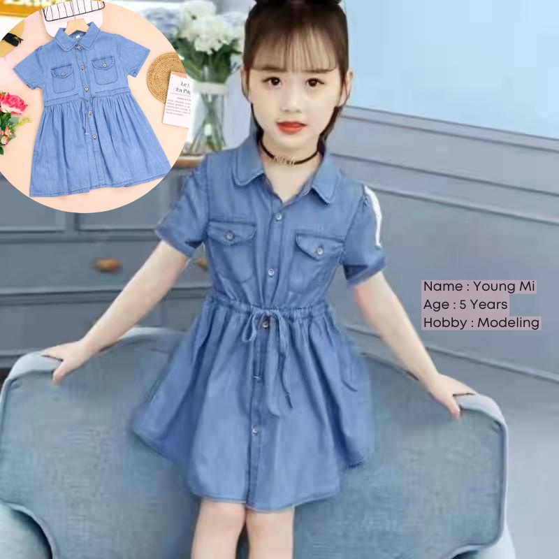 1 - 5 Tahun | Dress Korean Style Dae Hwa / Baju Gaya Elegant Korea Denim Jeans Anak Perempuan kualitas Import Balita Harian Polos Babycinnamon