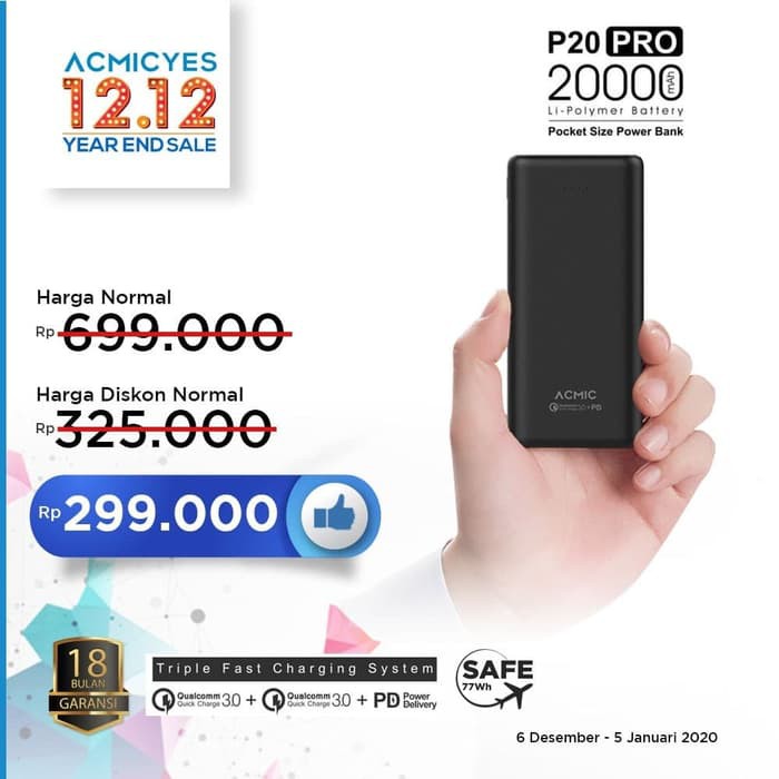 FAVORIT ACMIC P20PRO 20000mAh PowerBank Quick Charge 3.0 + PD Power Delivery - Hitam
