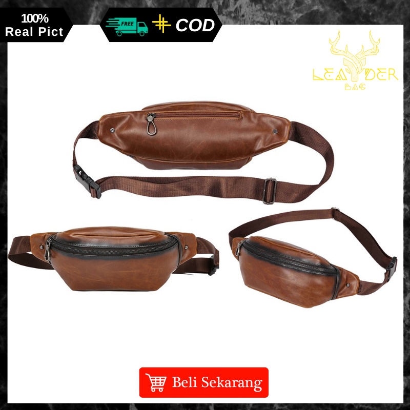 Waist Bag Kulit Pria Original Model Terbaru Warna Coklat Atau Tas Selempang Cowok Distro Import A09