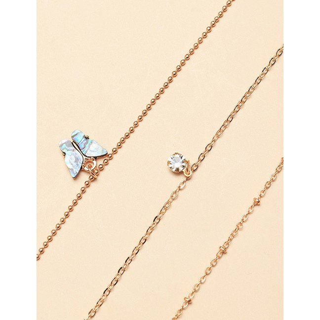 LRC Gelang Kaki Fashion Gold Color Chain Abalone Shell Butterfly Diamond Multi-layer Anklet K26976