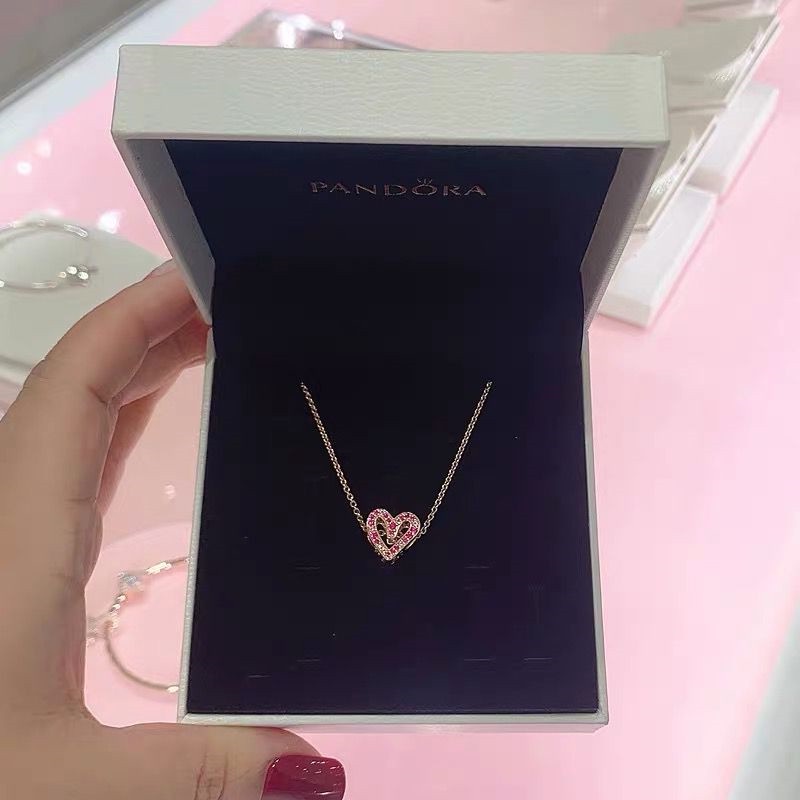 Pandora Kalung 925 Silver Rose Gold 18K Dengan Liontin Hati Aksen Berlian Kubik Zirkonia Untuk Wanita