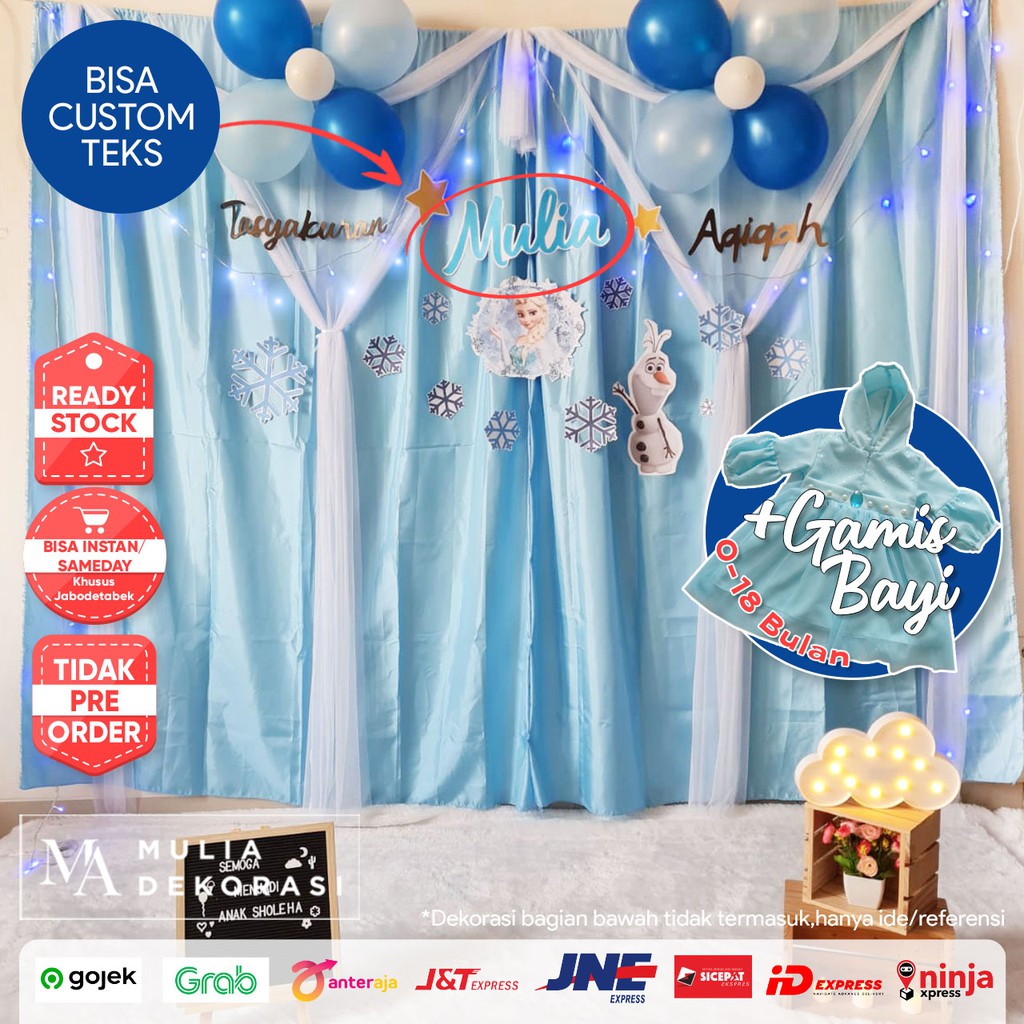 Backdrop Dekorasi Ulang Tahun Aqiqah Pesta Anak Paket Frozen + Dress Gamis Bayi Anak