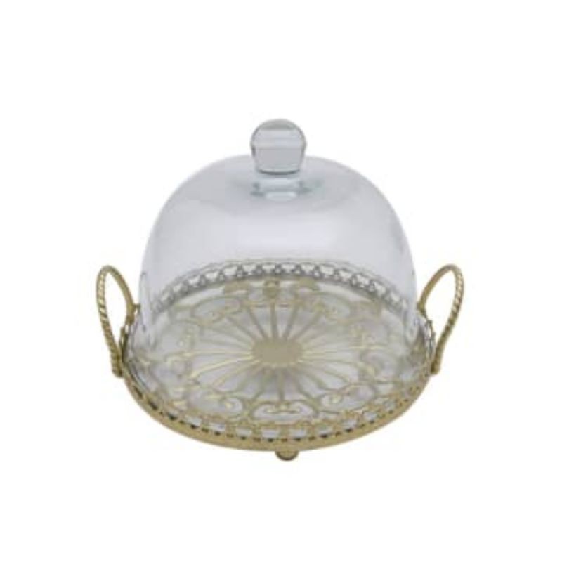 Wadah Saji Kue Plus Penutup Kaca - Gold
