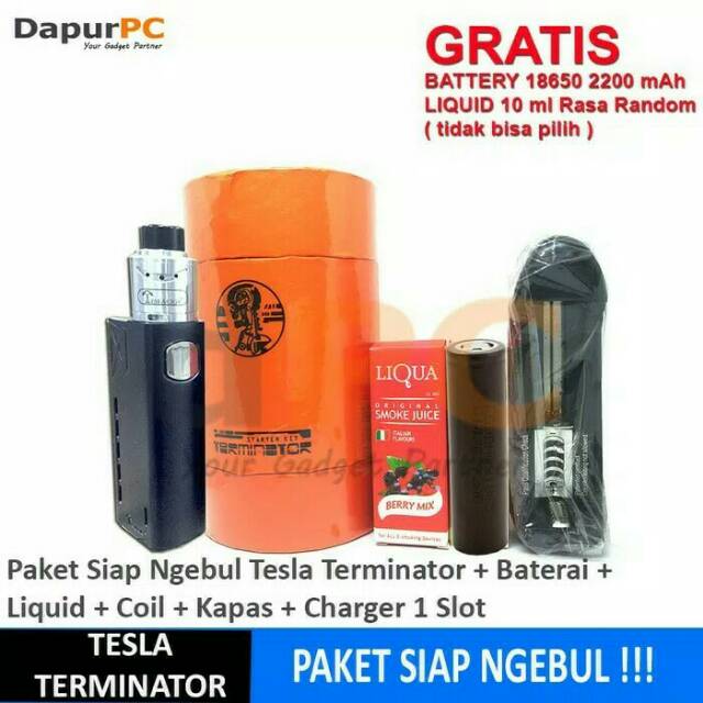 PAKET KOMPLIT SIAP NGEBUL TESLA TERMINATOR FREE CHARGER BATERAI KAPAS COIL LIQUID