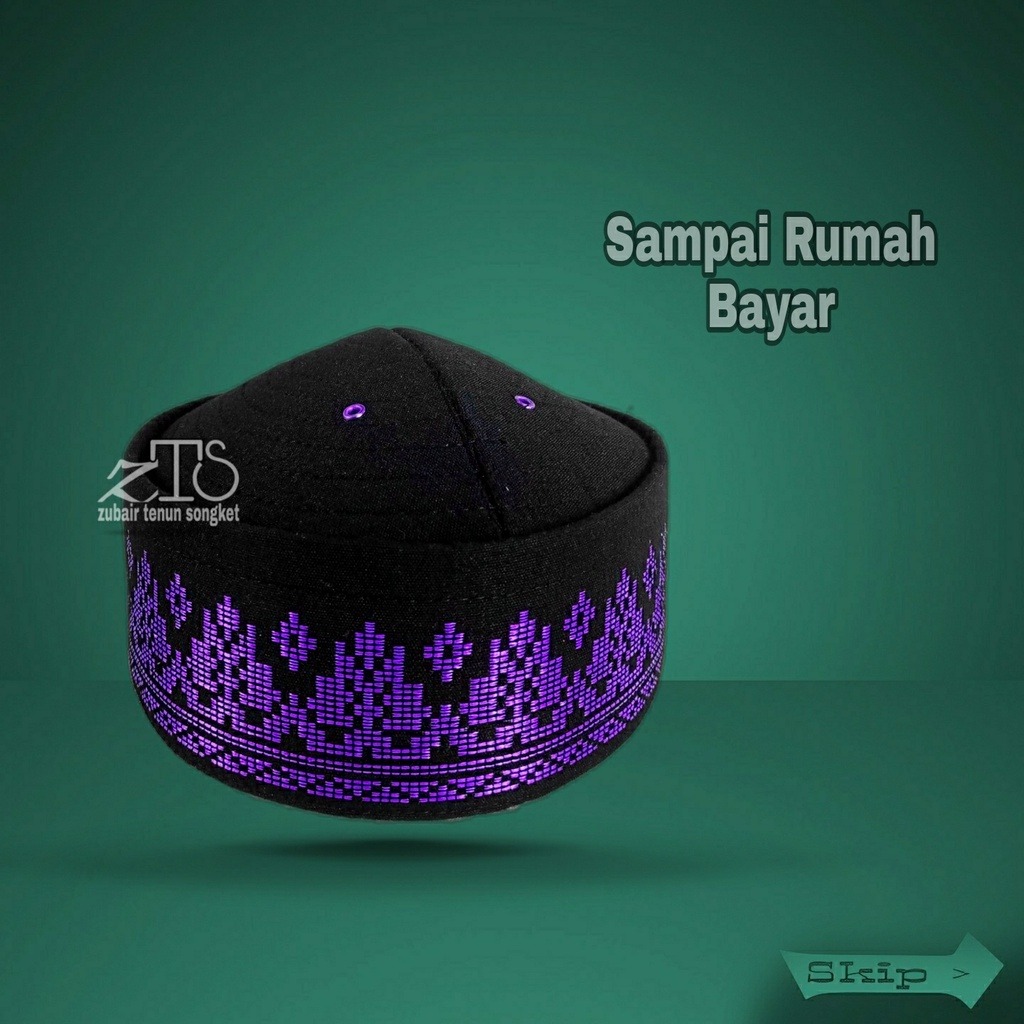 PECI SONGKOK ZUBAIR TENUN SONGKET KOPIAH TENUN SONGKET DASAR HITAM MOTIF SILVER LIS EMAS DEWASA DAN