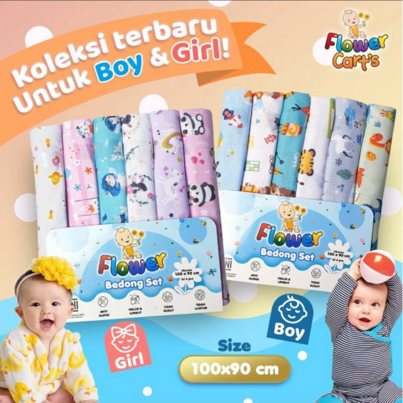 6 Pcs (1/2 Lusin) Bedong Bayi Print Motif FLOWER PRINT 90x115/90x100 Bedong Selimut Baby PRINT XX