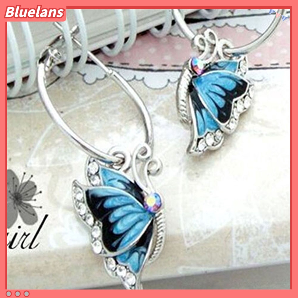 Bluelans Women 1Pair Blue Crystal Rhinestone Enamel Butterfly Dangle Hoop Earrings Earbob