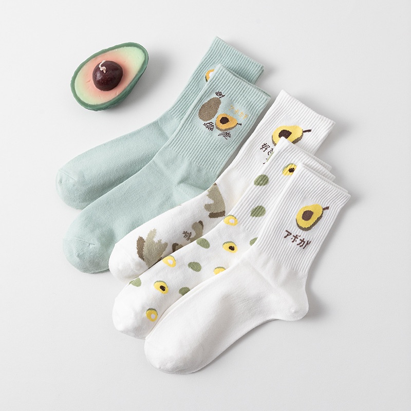 [littlecrab] Kaos Kaki Panjang Motif Avocado Women Socks Import Kaos Kaki Berkualitas Hijau Putih Buah Korean Style