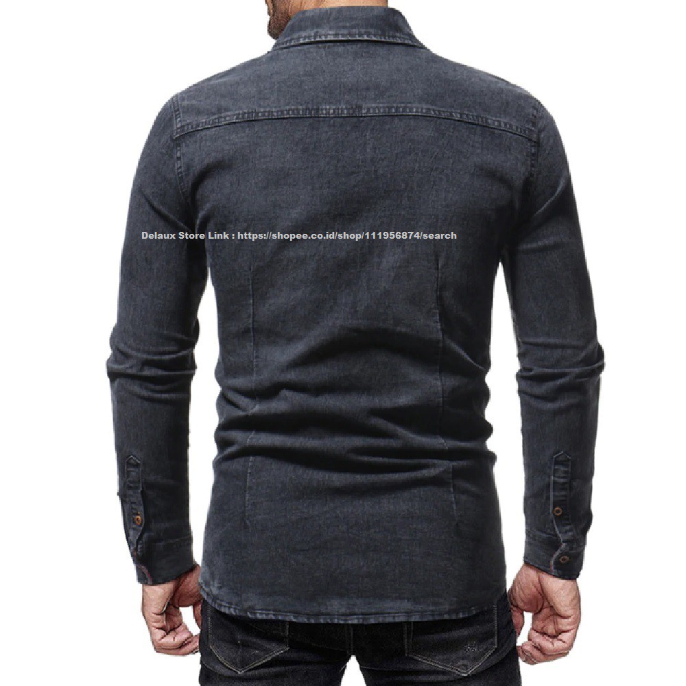 BAJU KEMEJA JEANS PRIA LENGAN PANJANG DARK BLACK UKURAN M - XL REGULER FIT