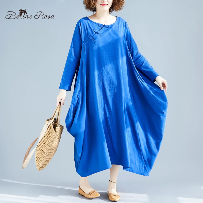 2019 Women's Cotton Linen Dress Large Size Dresses 2019 Autumn Pure Color