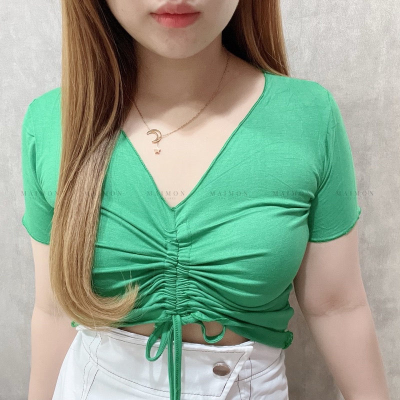 Baju Kaos V-Neck Tali Serut Wanita Korea Fashion | Maimon Grosir