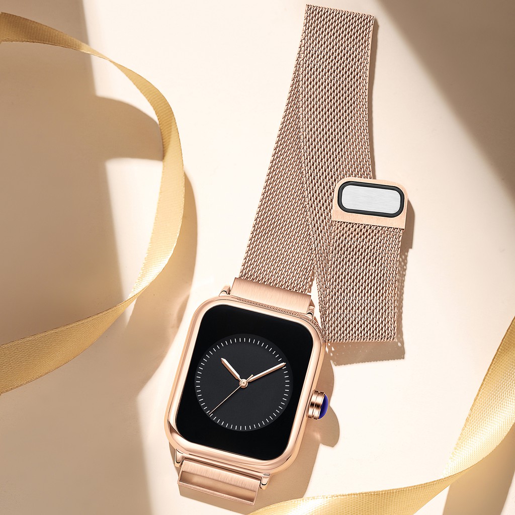 REBIRTH Jam Tangan Wanita Mode Square Dial Santai Display Kuarsa Tali Jala Tahan Air Jam Tangan Cewek-3