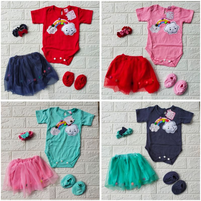 Set Jumper Rok Tile Bandana Sepatu Baby Cantik Baju Bayi Branded