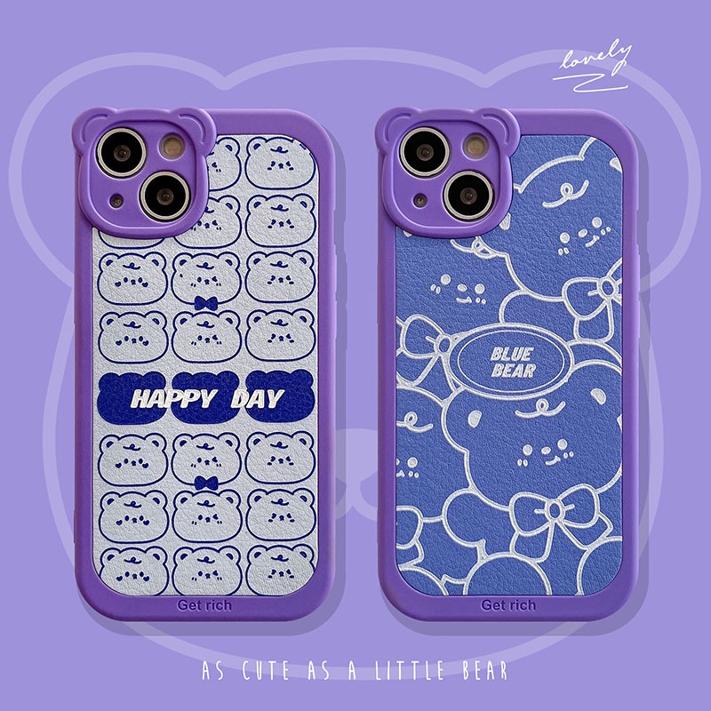 Soft case TPU Motif Kartun Beruang Warna Biru Ungu Untuk iPhone 11 12 13 Pro Max XS Max X XR 7 8 Plus