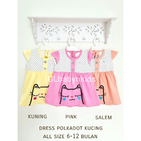 OBRAL! Ecer Dress Anak Bayi Polkadot Bordir Kucing All Size 6-12 Bulan 100% Katun