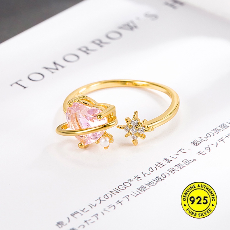 Cincin Model Terbuka Bahan Sterling Silver Gold Plated 18K Hias Zircon Pink Untuk Wanita