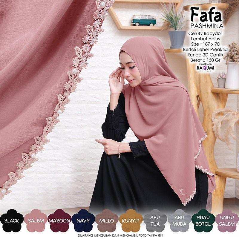FAFA PASHMINA ORIGINAL RAQUMI HIJAB | pashmina Raqumi | Pashmina Tali | Pashmina Ceruty Babydol