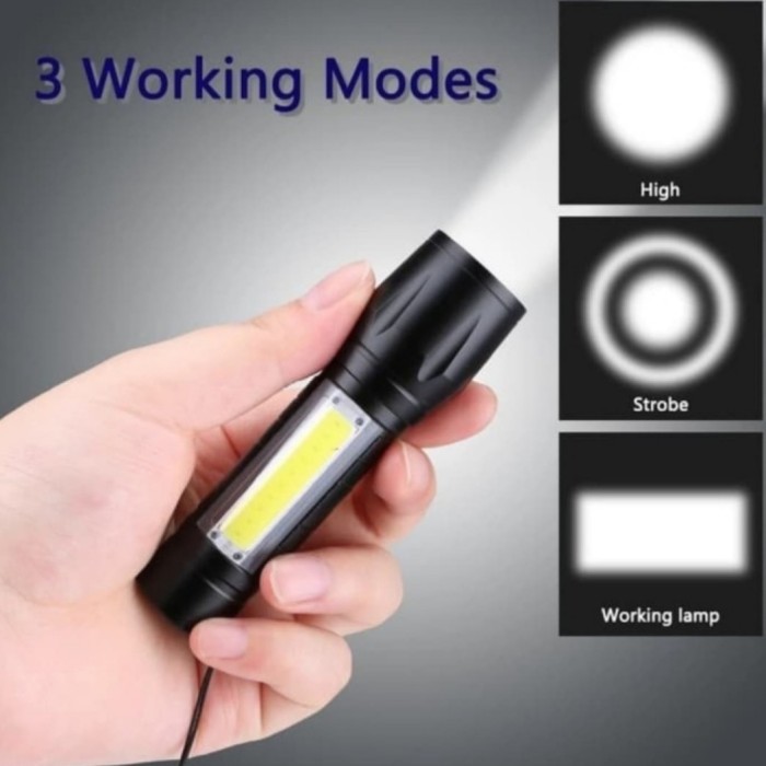 Senter Police Mini XPE + COB LED Zoom, USB Charge