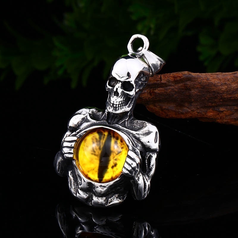 Kalung Liontin Tengkorak Mata Kucing Bahan Stainless Steel 316L Gaya Vintage Punk Untuk Pria