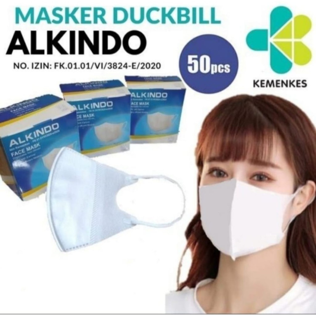 Masker DUCKBILL ALKINDO Putih Hitam 3 Ply Earloop Premium High Quality Per Box Isi 50pcs