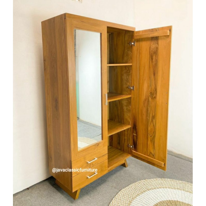 ALMARI PAKAIAN KAYU JATI PINTU 2 LEMARI CUSTOM KACA MINIMALIS KABINET WARDROBE VINTAGE FINISHING NATURAL FURNITURE JEPARA-4