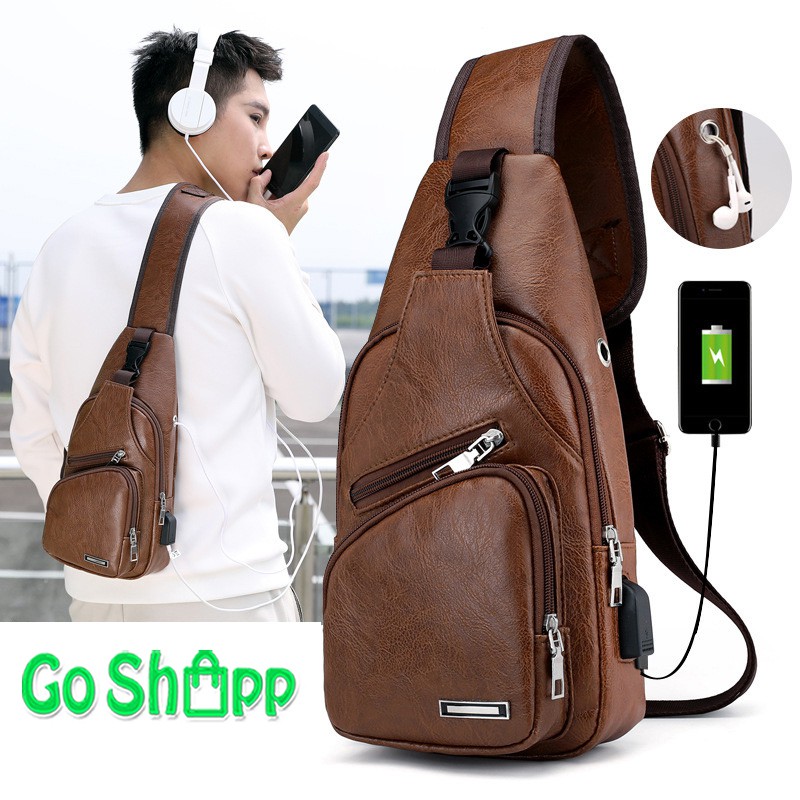 Tas Pria Import Kulit Dengan Port USB - Tas Sling Bag Cowok Import Kulit PU High Quality [TP01]