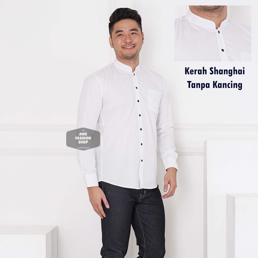 Kemeja Pria Lengan Panjang Polos Putih White Kerah Shanghai Kerah Koko Kemea Casual 3367