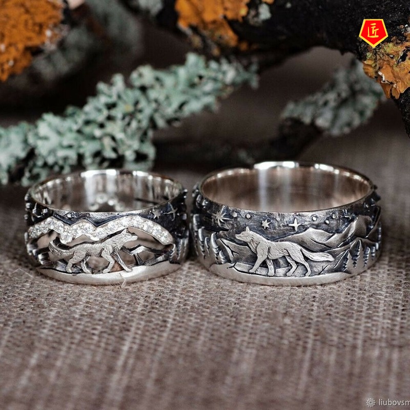 [Ready Stock]925 Retro Carved Loyal Wolf Inlaid Diamond Couple Ring