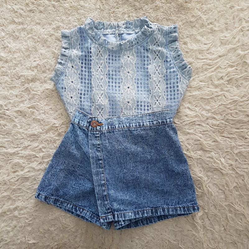 Baju Rok Jeans Anak setelan kaos rib skort jeans