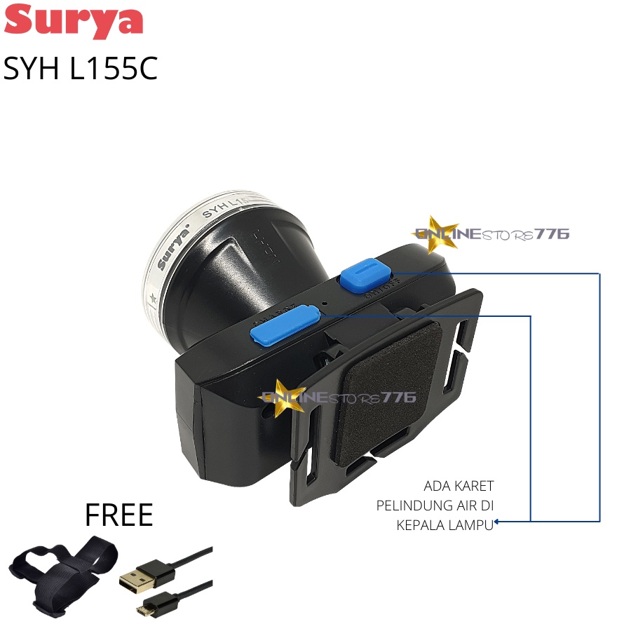 SENTER KEPALA / SENTER KEPALA SURYA / SYH L155C / LAMPU SENTER KEPALA / HEADLAMP / SURYA / SYH L155 / SENTER KEPALA TAHAN AIR / SENTER KEPALA RECHARGEABLE 15WATT - 15W /  CAHAYA PUTIH