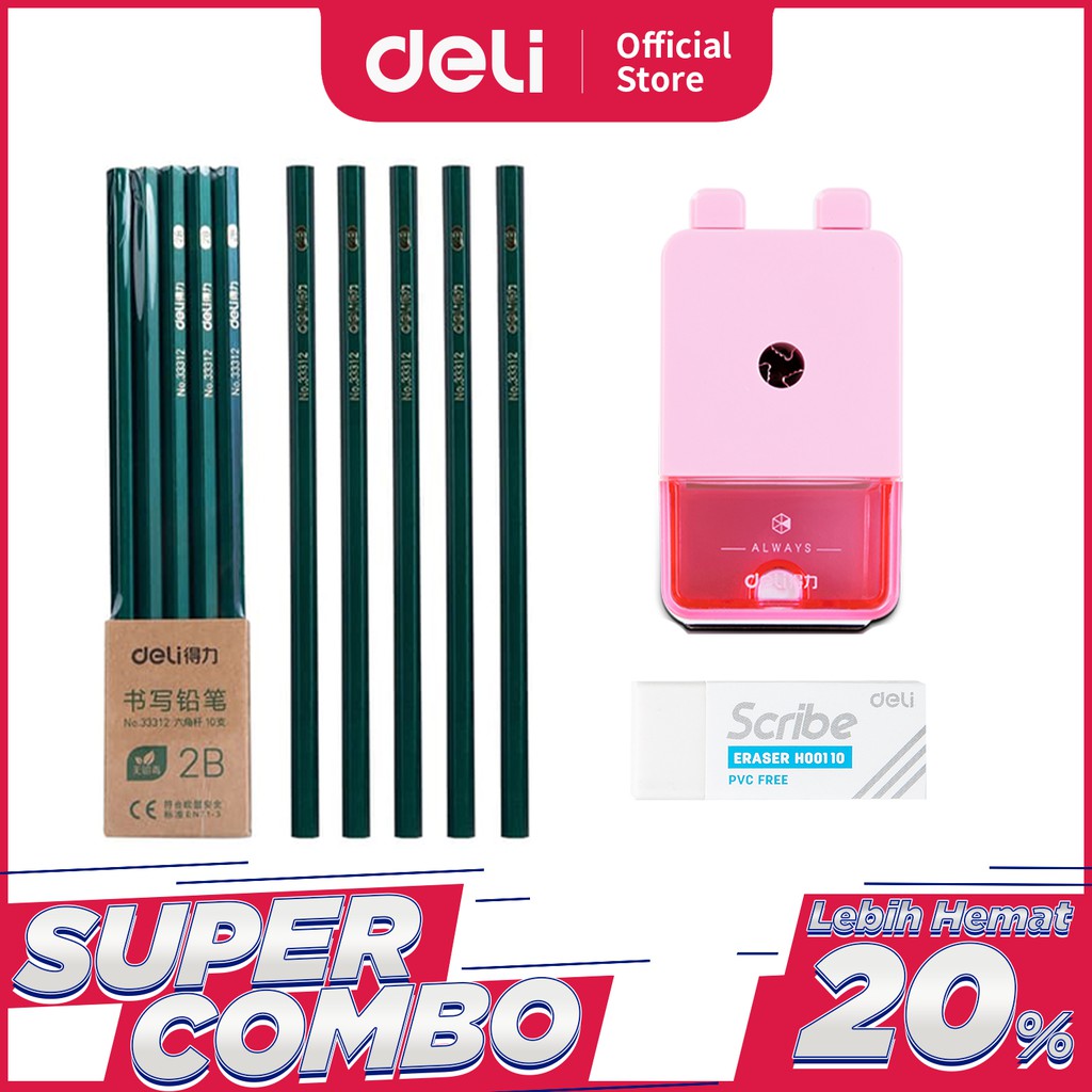 

Deli Combo Set 2 - 10pcs Pensil 2B + 3pcs Penghapus + Rautan Putar