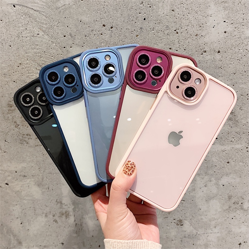 Color border case iphone camera protector 11 pro max 13 12 pro max simple transparent metal shiny lens drop shockproof protective case