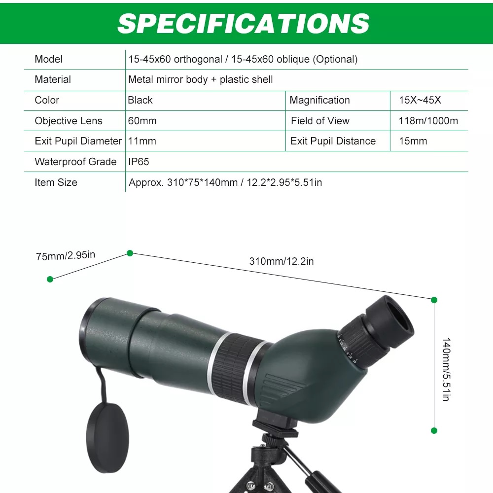 Spotting Scope HD Monocular Single-Tube 15-45x60 - Teleskop Pengamatan