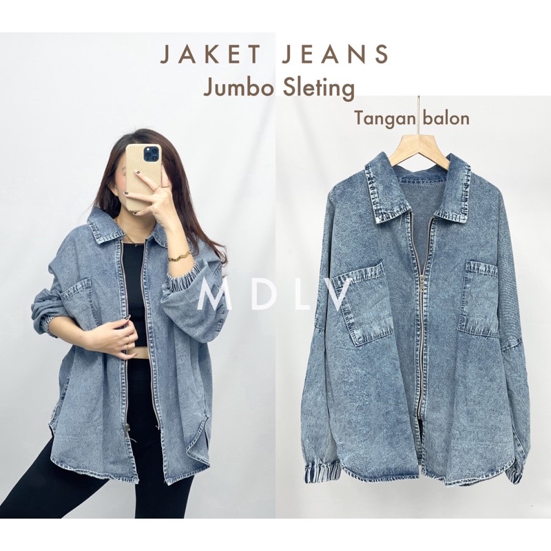 MDLV ~ Jaket Jeans Jumbo Sleting Tangan Balon Premium Jaket Jeans Import Good Quality Women Jeans Jaket Fashion Import