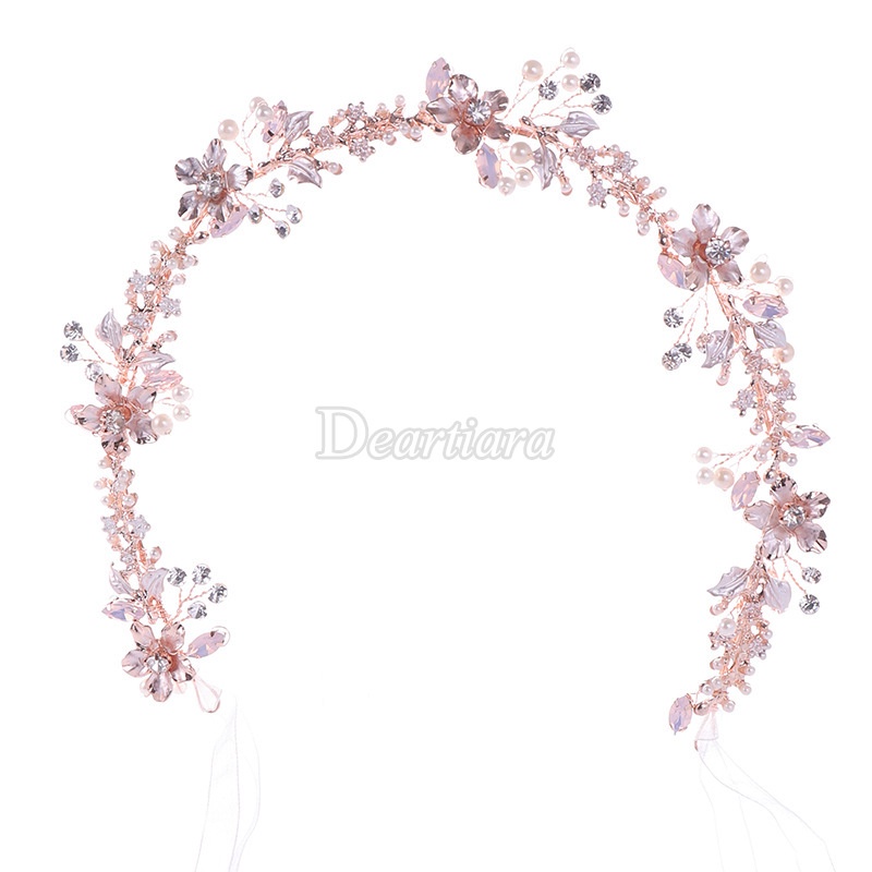 Bando Tiara Handmade Desain Bunga Rose Gold Hias Kristal Mutiara Untuk Pengantin Wanita