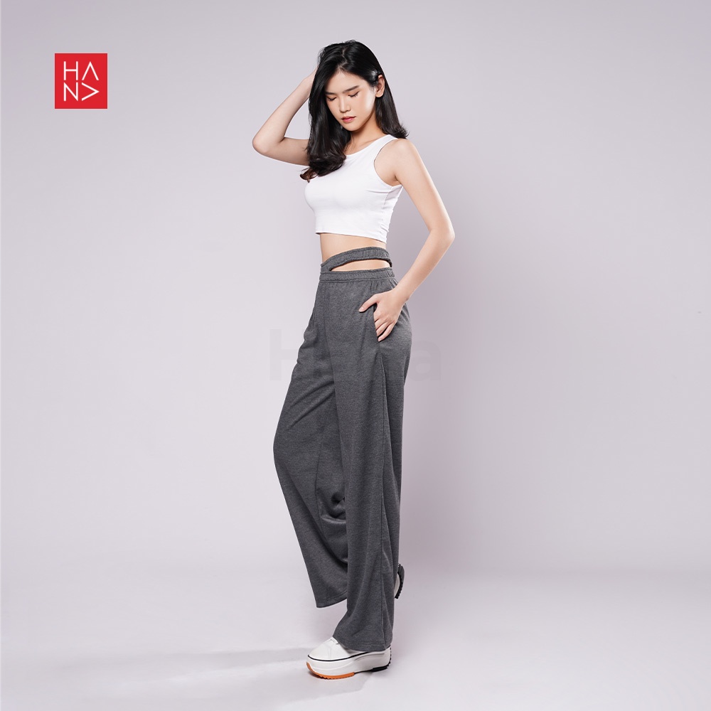 HanaFashion JKT - Sandra Slit Loose Pants Celana Panjang Bahan Terry Wanita Slim - LP035